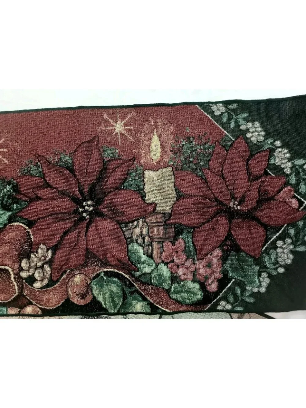 Christmas Tapestry Table Runner Poinsettia Candles Metallic Gold Threads 70x12